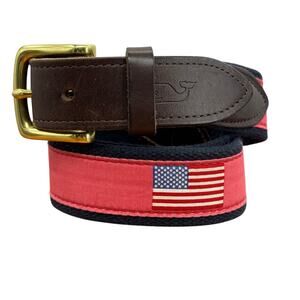 Vineyard Vines American Flag Belt SZ 32 Men’s Pink Blue Canvas Leather Golf USA